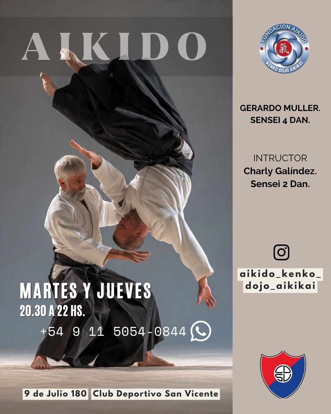 Publicidad Aikido Kenko Dojo Aikikai en el Club Deportivo San Vicente y en el Club Social A. Korn