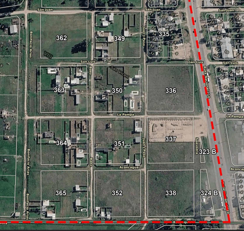 Mapa del barrio Moroni entre calle Santiago del Estero y Ruta 210.