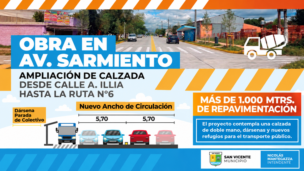 Histórica Obra | Arrancaron las trabajos de ensanche y repavimentación en la Avenida Sarmiento 3 Infografía oficial con el esquema técnico de ampliación de calzada y dársenas en Avenida Sarmiento.