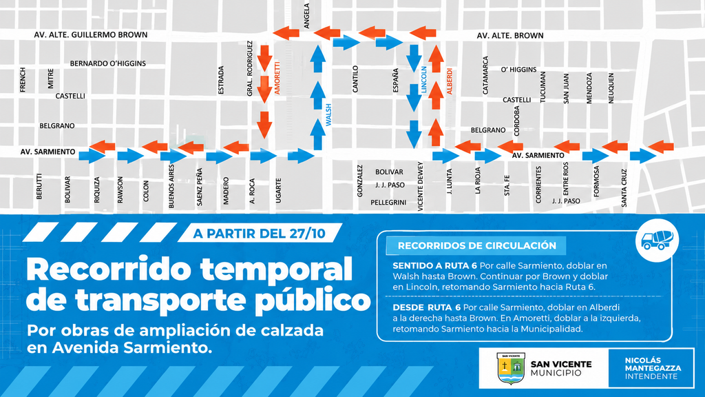 Histórica Obra | Arrancaron las trabajos de ensanche y repavimentación en la Avenida Sarmiento 6 Mapa con el esquema de desvíos temporales de colectivos por calles Brown, Walsh, Lincoln y Alberdi.