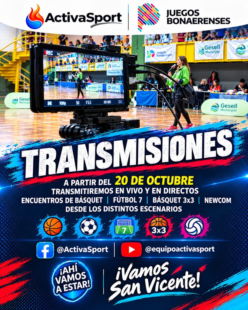 FINALES 2026 | San Vicente partió rumbo a las finales de los Juegos Bonaerenses 5 Gráfica publicitaria de ActivaSport sobre las transmisiones en vivo desde el 20 de octubre de básquet, fútbol 7 y newcom en los Juegos Bonaerenses