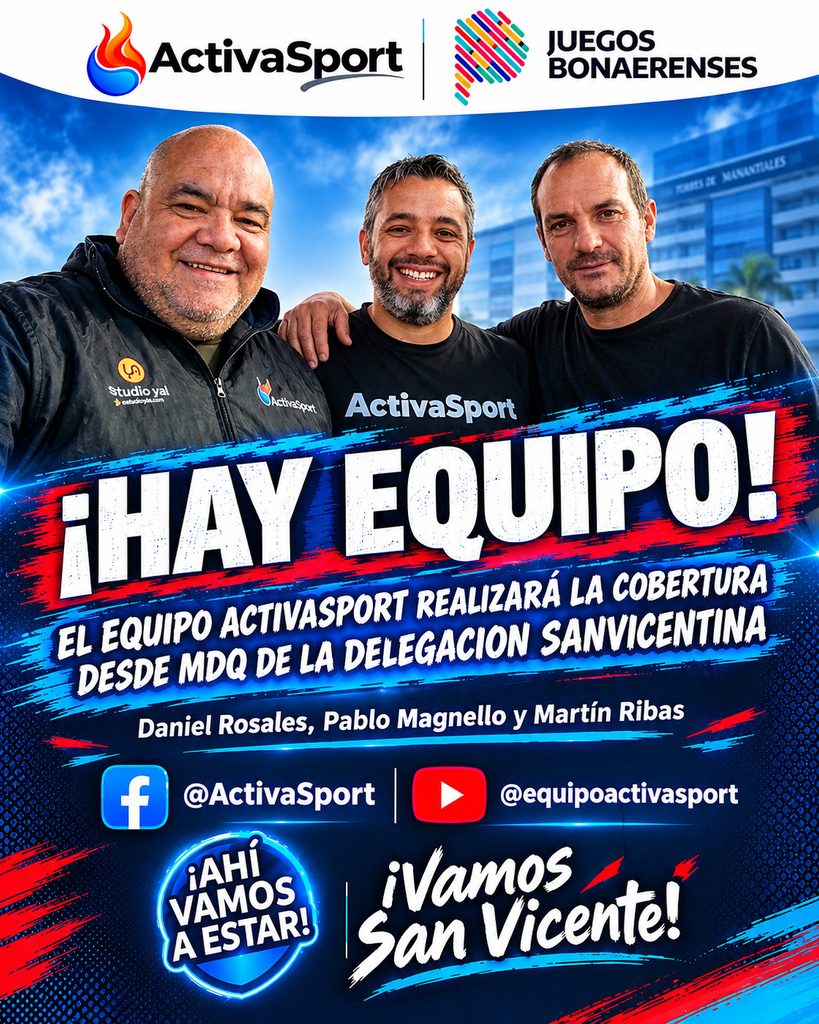 FINALES 2026 | San Vicente partió rumbo a las finales de los Juegos Bonaerenses 6 Gráfica publicitaria de ActivaSport sobre las transmisiones en vivo desde el 20 de octubre de básquet, fútbol 7 y newcom en los Juegos Bonaerenses