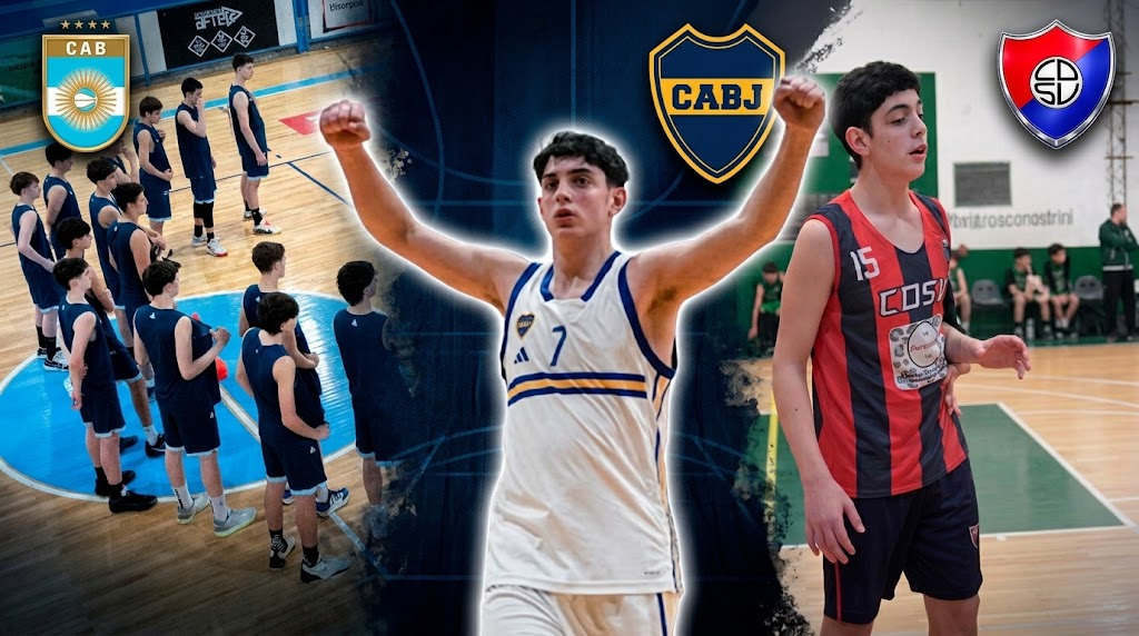 Tiziano Galeone con la indumentaria de básquet de Boca Juniors en acción de juego